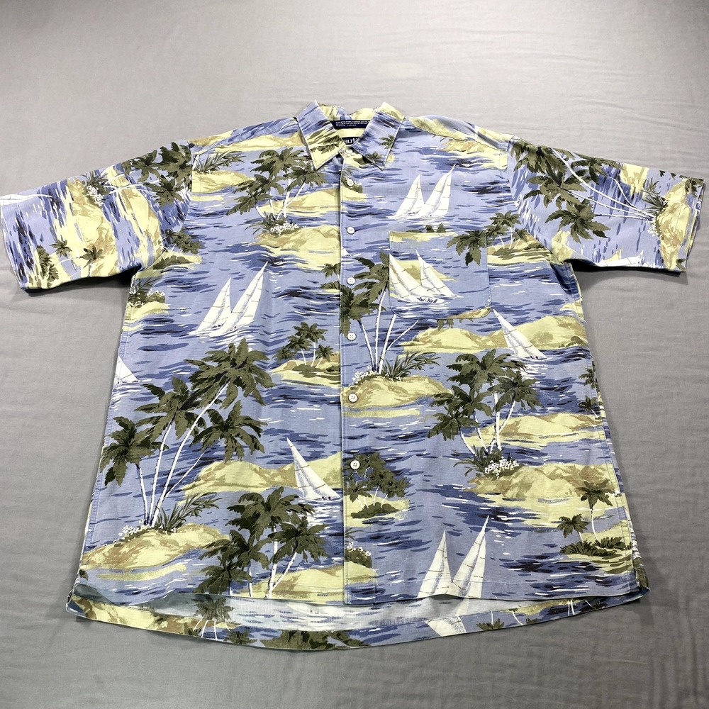 VINTAGE Nautica Shirt Mens Large Hawaiian Linen Blend Button Up Beach Camp Sail